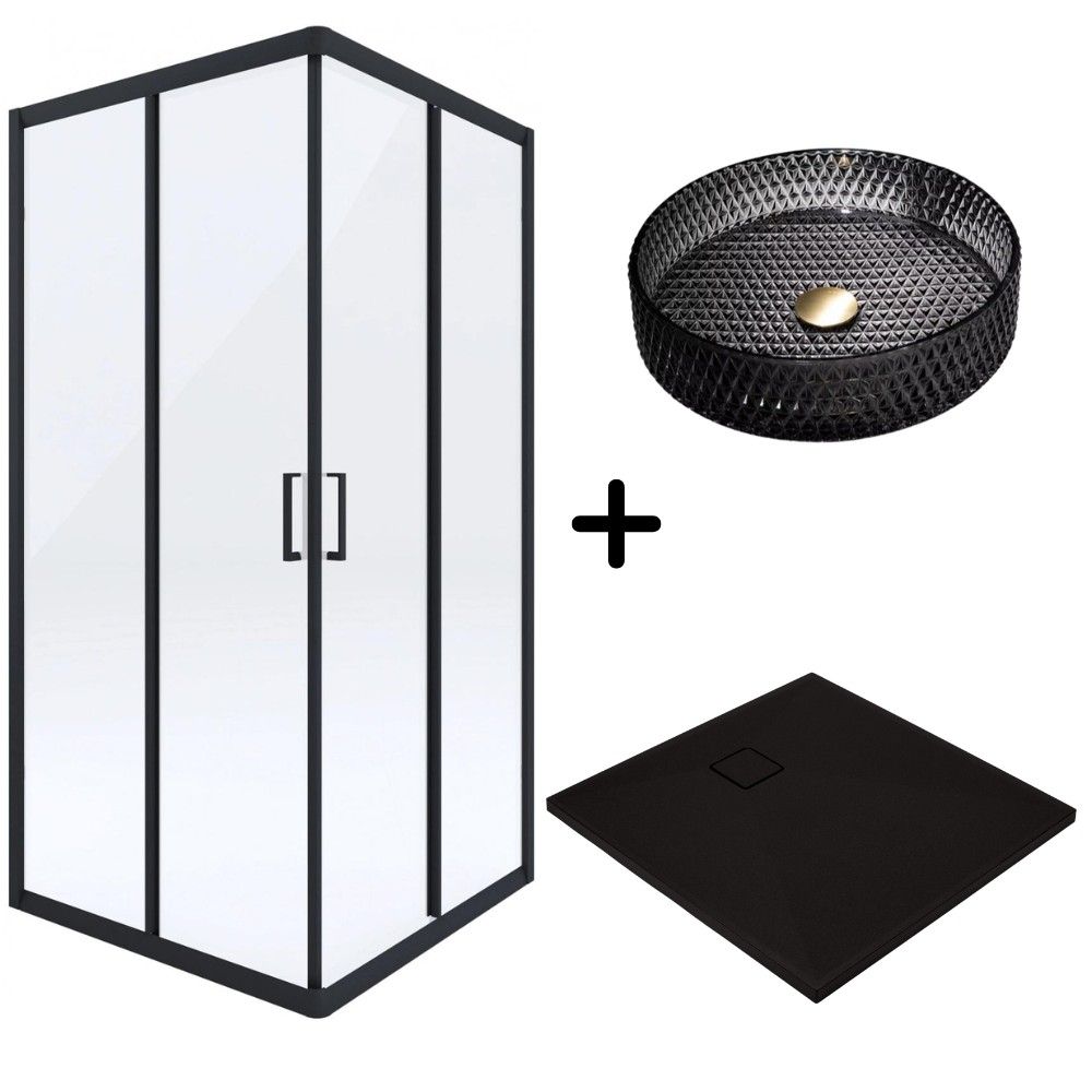 Set cabina dus neagra cu usa culisanta 90x90 cm, cadita dus compozit Deante, plus lavoar rotund sticla neagra