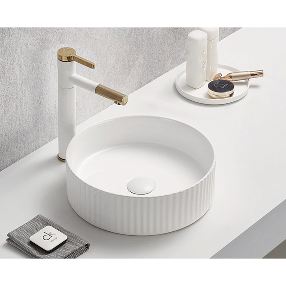 Lavoar rotund pe blat, cu riflaje 3D, alb lucios, fara ventil, Imperial Foglia