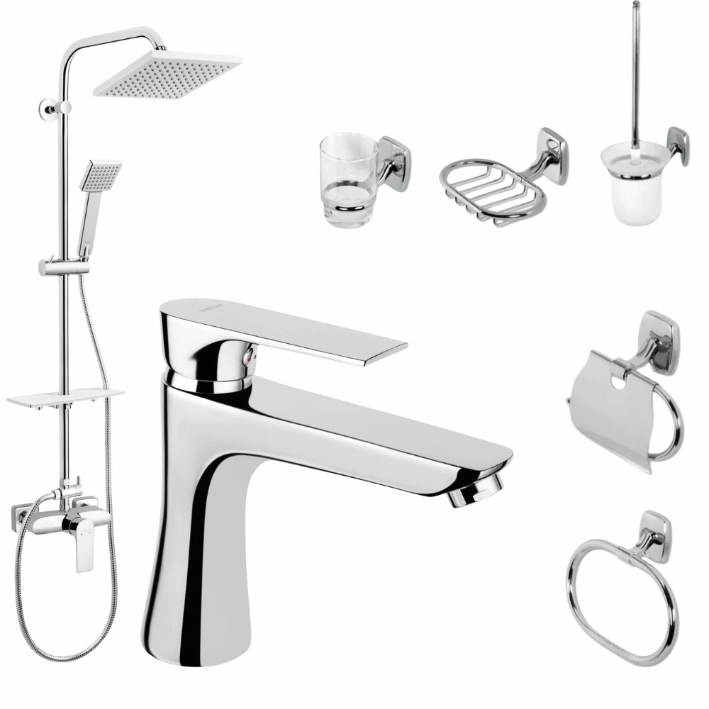 Set coloana dus si baterie lavoar Ferro Algeo Square cu accesorii Ferro Orfeus