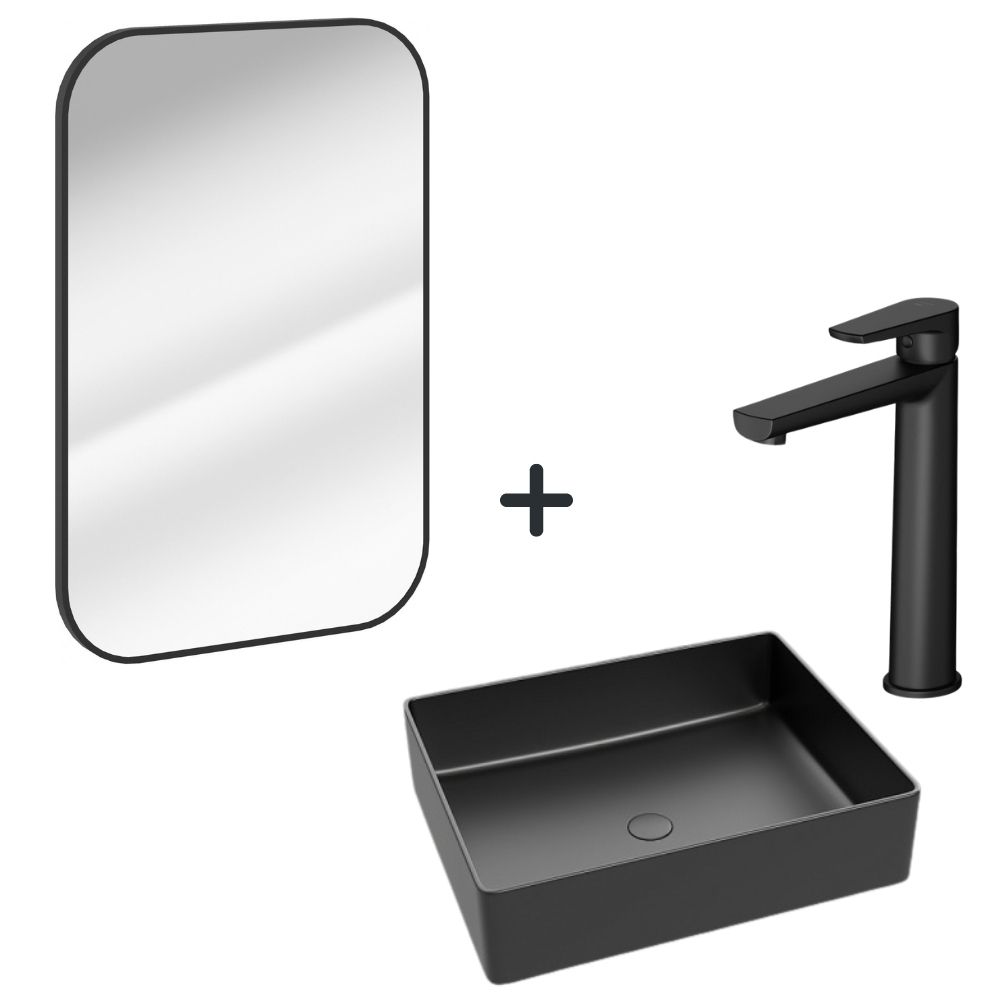Set lavoar baie negru, baterie plus oglinda dreptunghiulara cu rama negru mat