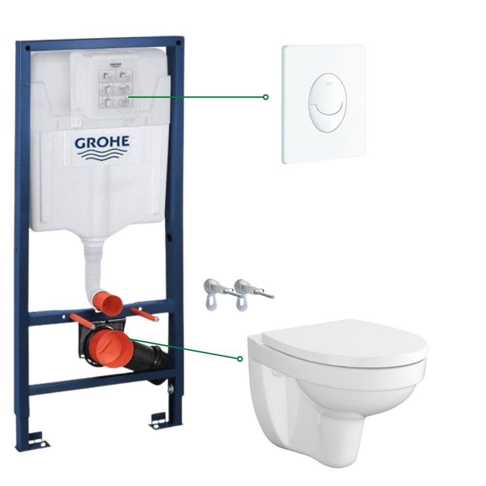 Set vas wc rimless alb cu capac soft close Cersanit SimpleOn, rezervor incastrat si clapeta alba Skate Air Grohe