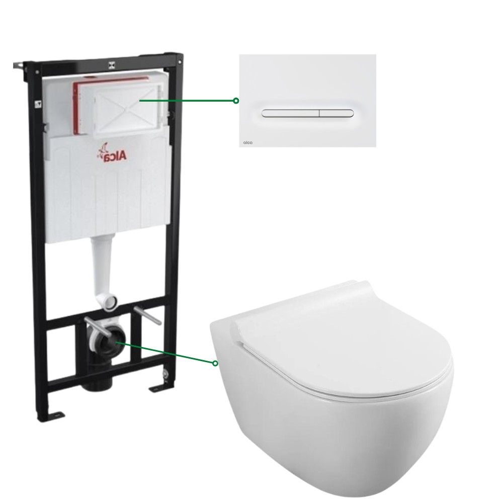 Set vas wc rimless cu capac soft close Fluminia Minerva, rezervor incastrat si clapeta alb mat Alcadrain M1876