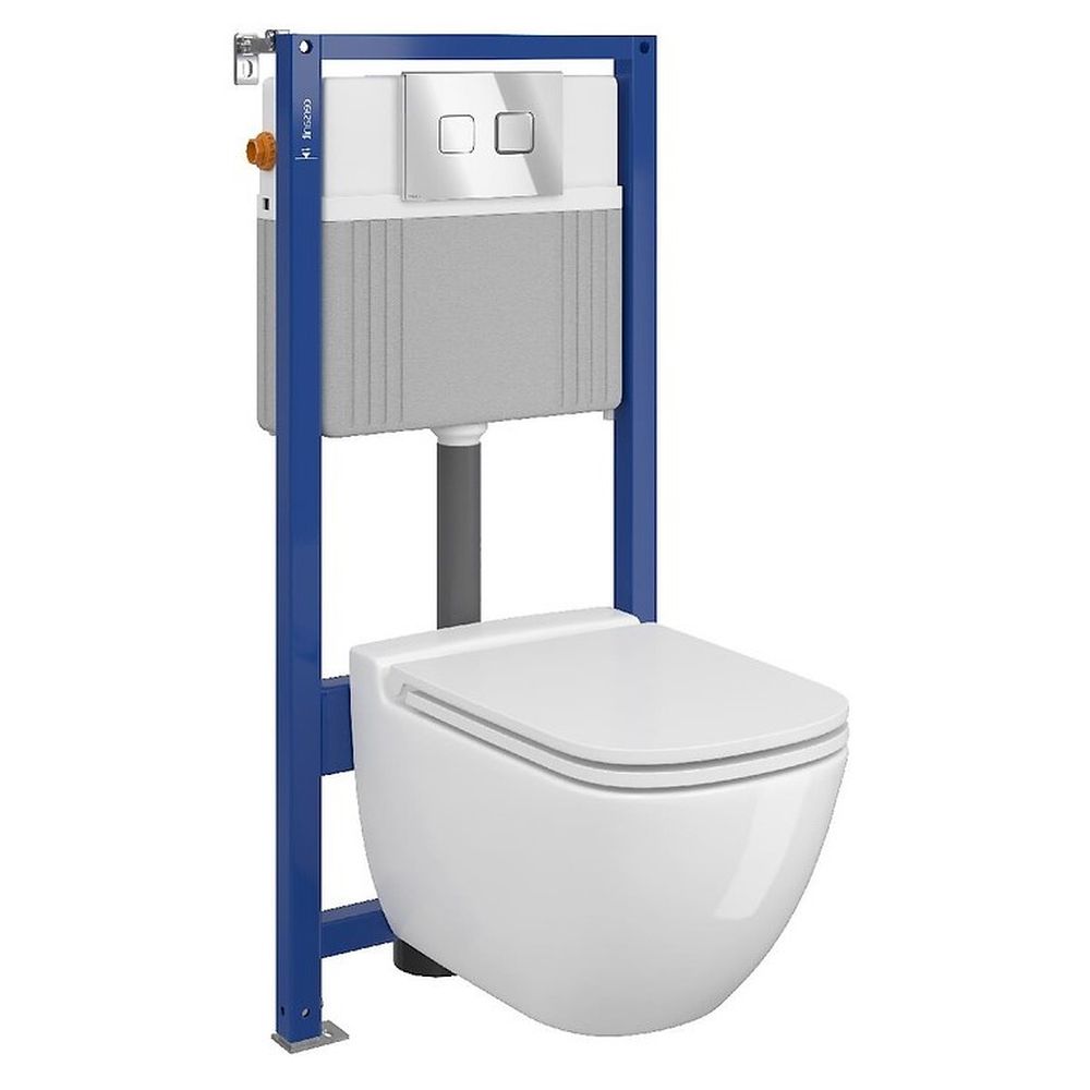 Set vas wc suspendat Caspia cu capac soft close, rezervor incastrat pneumatic Aqua 52 si clapeta crom lucios