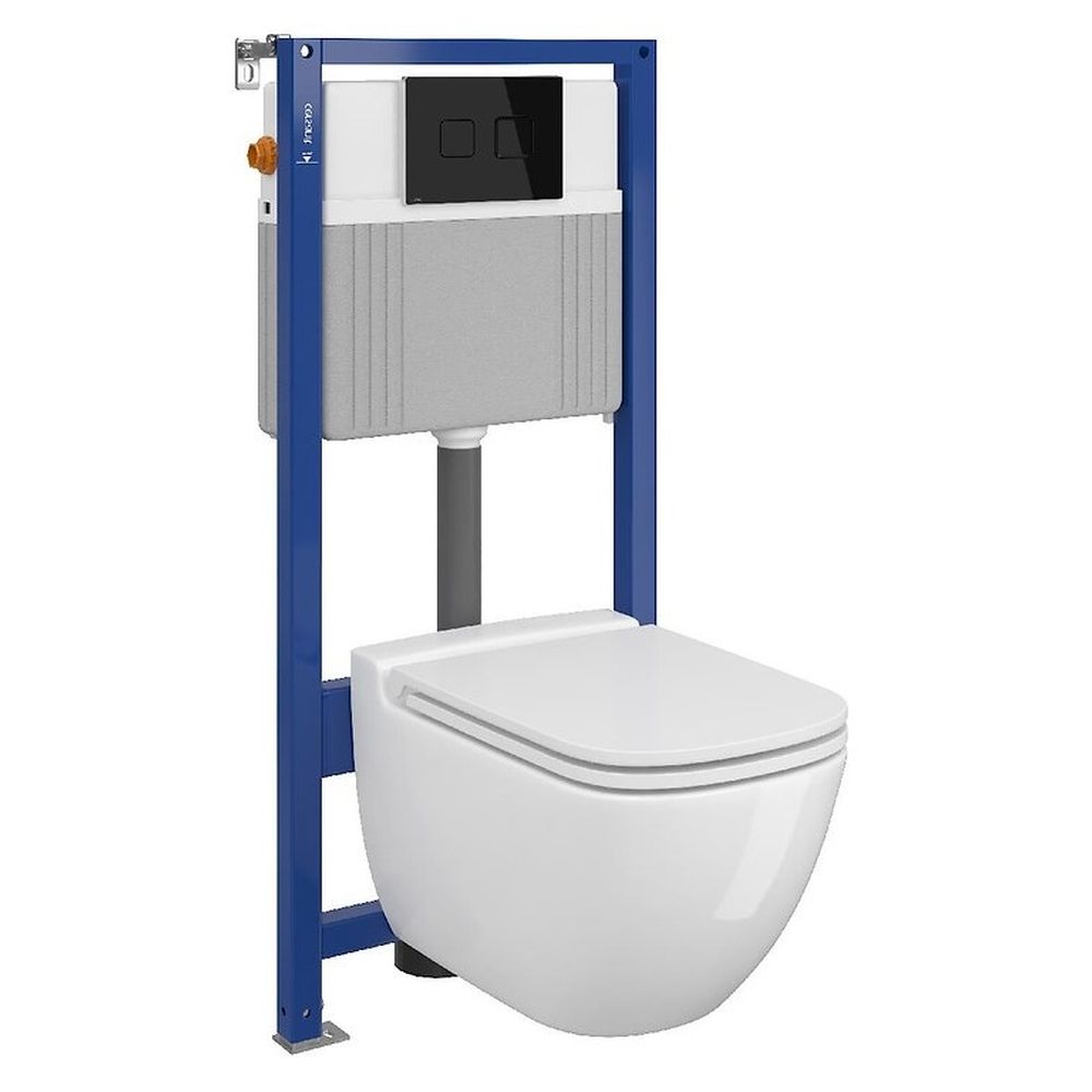 Set vas wc suspendat Caspia cu capac soft close, rezervor incastrat pneumatic Aqua 52 si clapeta sticla neagra