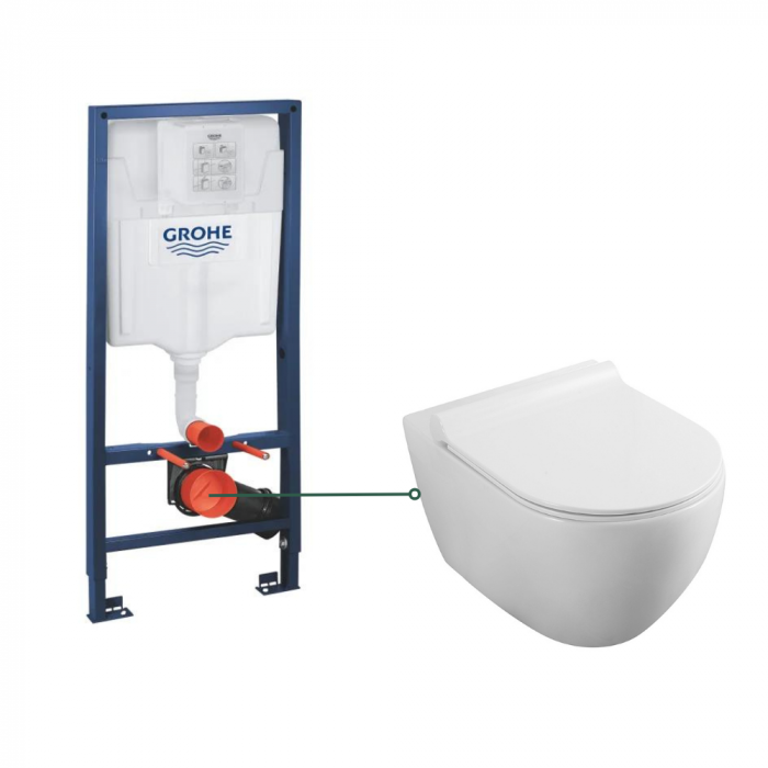 Set vas wc suspendat rimless cu capac quick release si soft close, Minerva, Fluminia si rezervor wc incastrat Grohe Rapid SL