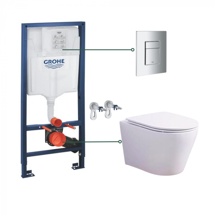 Set vas wc suspendat rimless cu capac soft close Oslo si set rezervor wc incastrat Grohe Rapid SL cu set fixare si clapeta crom Skate Cosmopolitan Grohe