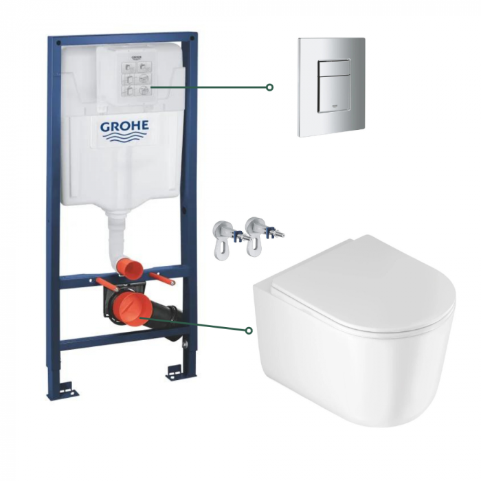 Set vas wc suspendat tornado cu capac soft close Deante Jasmin si set rezervor wc incastrat Grohe Rapid SL cu set fixare si clapeta crom Skate Cosmopolitan Grohe